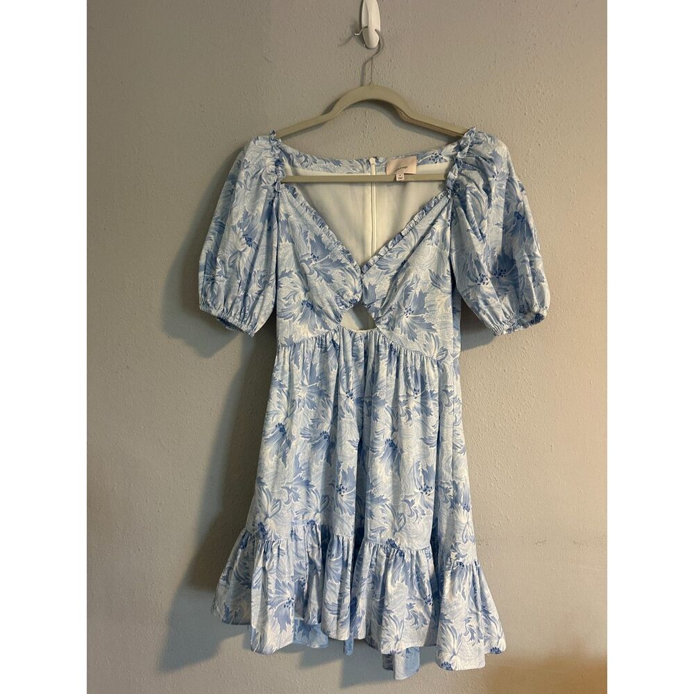 Cinq à Sept Blue Floral Mini Dress Cutout Puff Sleeve Fit & Flare Women's 0 - Picture 4 of 14